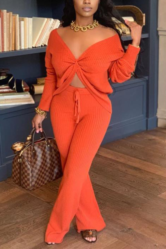 Tangerine Red Sexy Solid Patchwork V Neck Long Sleeve Two Pieces