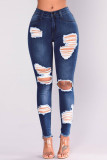 Light Blue Fashion Casual Solid Mid Waist Distressed Skinny Ripped Denim Jeans