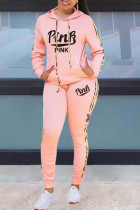 ピンク カジュアル レタープリント パッチワーク フード付き 襟 長袖 XNUMXピース