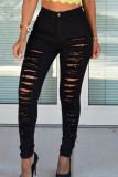 Schwarze, modische, lässige, solide, zerrissene Skinny Jeans mit mittlerer Taille