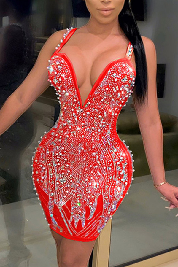 Красное модное сексуальное платье на тонких бретелях без рукавов с V-образным вырезом на бретелях платье до колен в стиле пэчворк