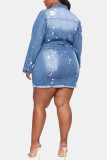 Голубое модное сексуальное рваное джинсовое платье с отложным воротником