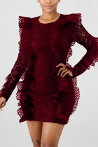Винно-красные модные однотонные лоскутные платья с круглым вырезом и трапециевидной линией
