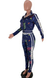 Navy Blue Casual Print Patchwork Zipper Collar Long Sleeve Two Pieces
