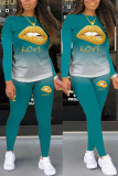 Dark Green Fashion Casual Gradual Change Lips Printed Letter O Neck Long Sleeve Two Pieces