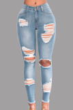 Light Blue Fashion Casual Solid Mid Waist Distressed Skinny Ripped Denim Jeans