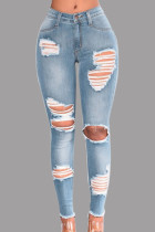 Jeans skinny azul claro moda casual sólido rasgado cintura média