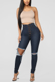 Mörkblå Mode Casual Solid Spänne Skinny Jeans med hög midja