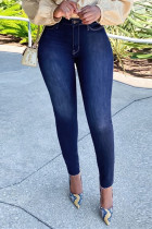 Mörkblått Mode Casual Solida grundläggande jeans med hög midja