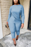 Light Blue Casual Solid Patchwork O Neck Long Sleeve Two Pieces