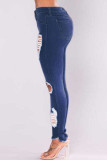 Dark Blue Fashion Casual Solid Mid Waist Distressed Skinny Ripped Denim Jeans