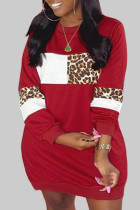 Red Casual Print Leopard Split Joint O Neck Straight Plus Size 