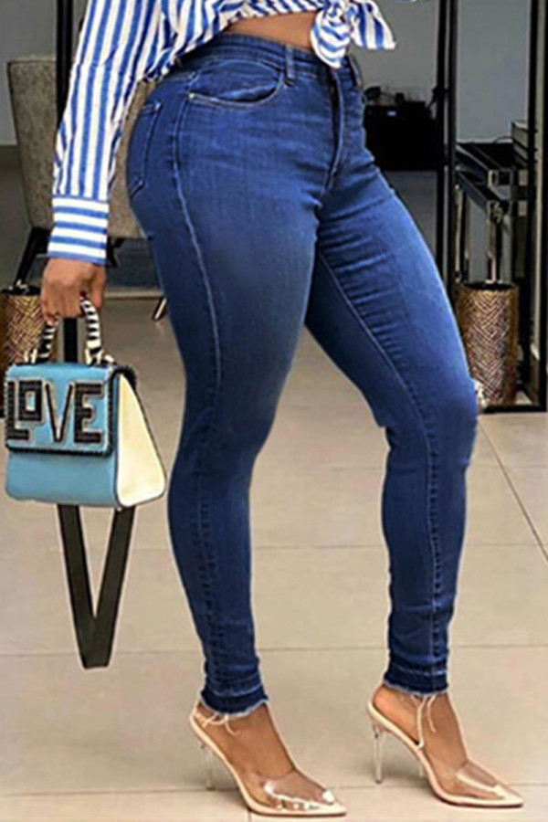 Donkerblauwe modieuze casual effen broek Skinny jeans met halfhoge taille