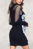 Robes trapèze à col à capuche et imprimé sexy noir en patchwork