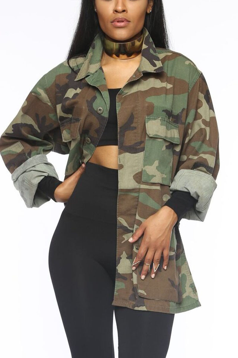 

Camouflage Sweet Camouflage Print Turndown Collar Outerwear