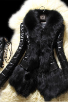 Manteau en fausse fourrure à manches longues et patchwork noir