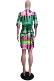Green Casual Print Patchwork Turndown Collar A Line Dresses