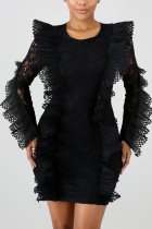 Zwarte mode effen patchwork O-hals A-lijn jurken
