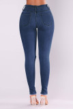 Dark Blue Fashion Casual Solid Ripped Mid Waist Skinny Jeans