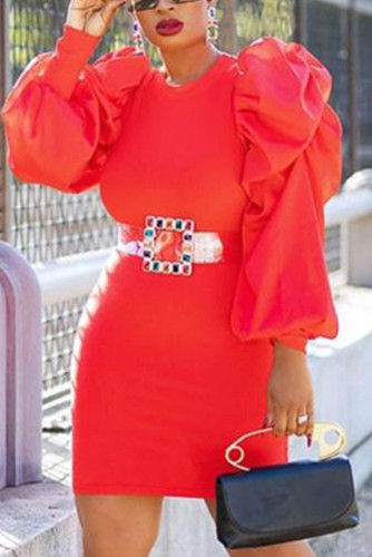 Красные модные повседневные однотонные лоскутные платья-карандаш с круглым вырезом (без пояса)