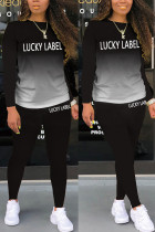 ブラック ファッション カジュアル グラデーション レタープリント レターOネック 長袖 ツーピース