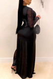 Macacão skinny preto fashion sexy patchwork transparente com gola O