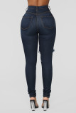 Jeans skinny azul escuro fashion casual fivela sólida cintura alta