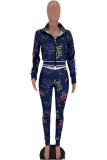 Navy Blue Casual Print Patchwork Zipper Collar Long Sleeve Two Pieces