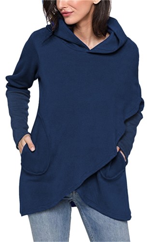 Donkerblauwe nieuwigheid Normale capuchon met volledige zakken Effen normale T-shirts en T-shirts