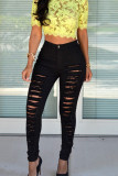 Black Fashion Casual Solid Mid Waist Ripped Skinny Denim Jeans