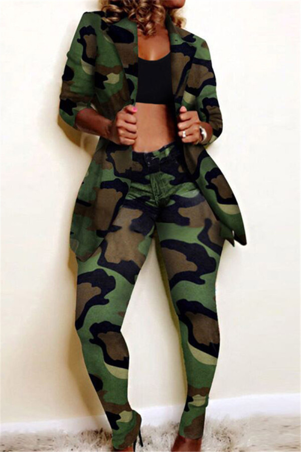 Camouflage mode casual print tweedelig pak met lange mouwen