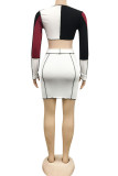 White Sexy Geometric Patchwork O Neck Long Sleeve Two Pieces