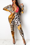 Leopardtryck Mode Casual Print Basic Huvkrage Skinny Jumpsuits