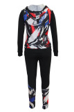 Blue Sexy Print Patchwork Hooded Collar Long Sleeve Two Pieces