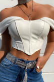 White Sexy Solid Patchwork Bateau Neck Tops