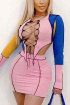 Pink Sexy Geometric Patchwork O Neck Long Sleeve Two Pieces