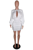 White Sexy Solid Fold O Neck Wrapped Skirt Dresses