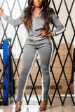 Grey Casual Sportswear Patchwork Patchwork Zipper Collar Long Sleeve Two Pieces
