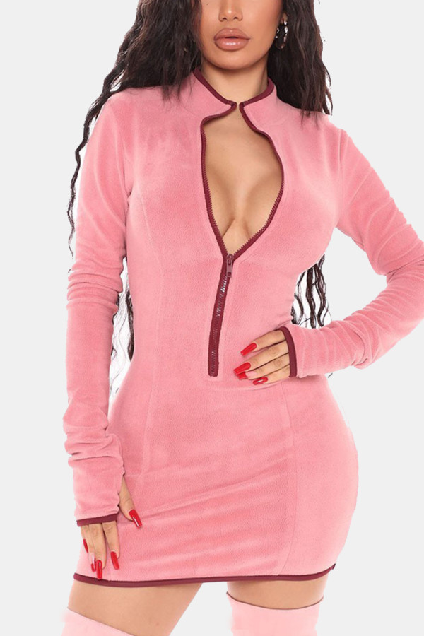 ピンク ファッション カジュアル ソリッド ベーシック タートルネック ロング スリーブ ドレス ドレス