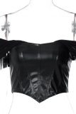 Black Sexy Solid Patchwork Bateau Neck Tops