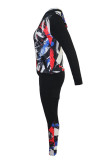 Red Blue Sexy Print Patchwork Hooded Collar Long Sleeve Two Pieces