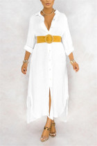 White Casual Fashion Long Sleeve Loose Long Shirt Dress (Without Belt)