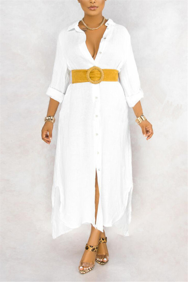 Robe chemise longue blanche à manches longues et à la mode décontractée (sans ceinture)