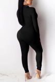 Zwarte mode sexy effen uitgeholde riem ontwerp V-hals skinny jumpsuits (zonder riem)
