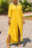 Abito camicia lunga allentata manica lunga moda casual giallo (senza cintura)