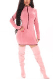 ピンク ファッション カジュアル ソリッド ベーシック タートルネック ロング スリーブ ドレス ドレス