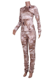 Roze Casual Print Fold O Neck Long Sleeve Two Pieces