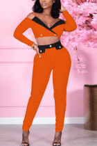 Оранжевый сексуальный сплошной пэчворк с V-образным вырезом и длинным рукавом из двух частей