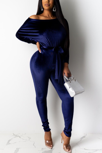 Blue Casual Velvet Off-The-Shoulder Jumpsuit (With Belt)