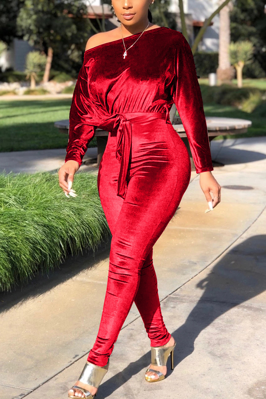 

Wine Red Casual Velvet Off-The-Shoulder Jumpsuit (With Belt)